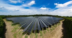Aerial shot of solar panels over raspberries